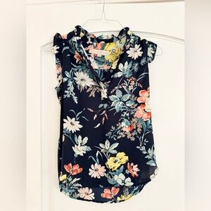 LOFT Black Floral Ruffle-Trim Sleeveless Top